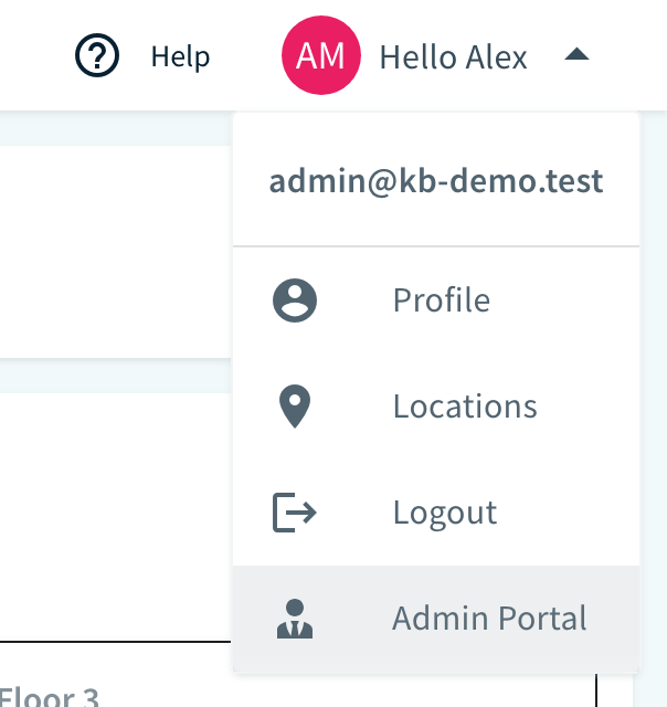 Hello menu in the Employee portal with Admin Portal highlighted