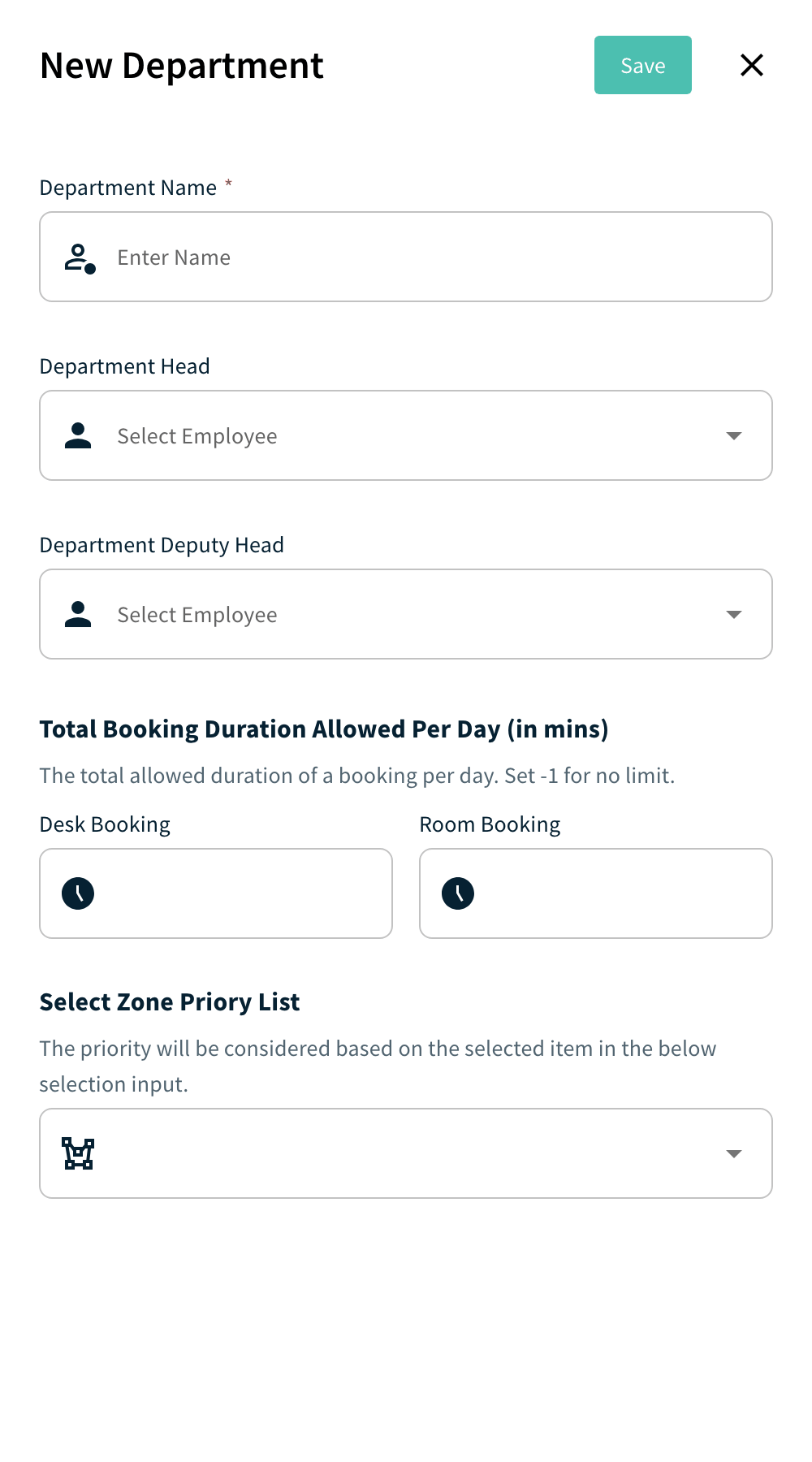 Department panel with leaders, booking limits and zone priority list