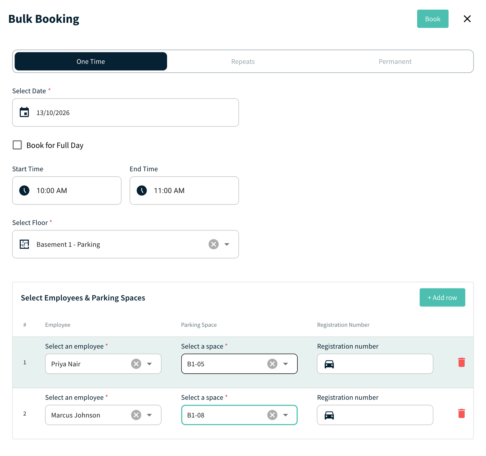 Bulk Booking drawer with Select Floor and the Select Employees & Parking Spaces rows