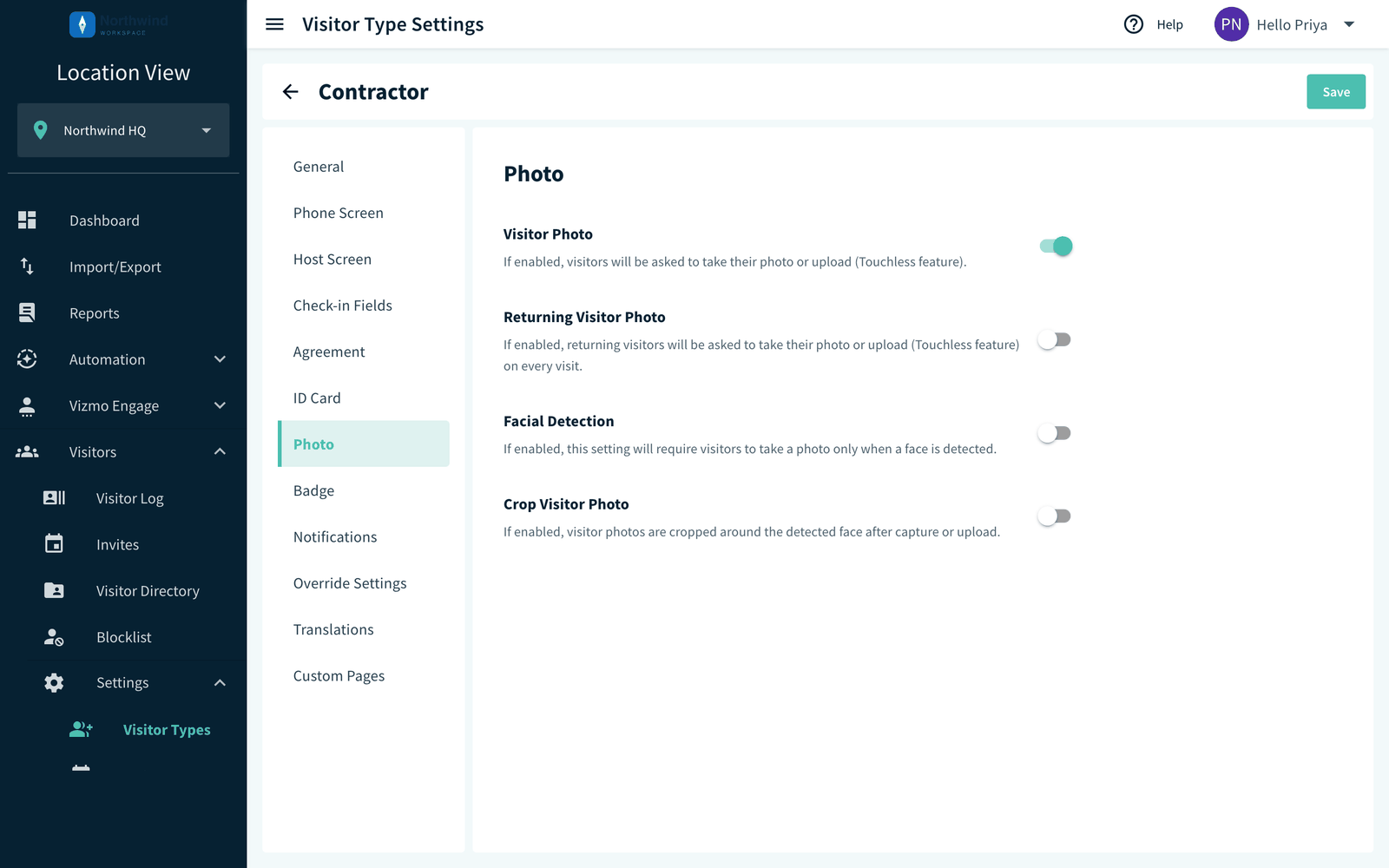 Visitor type page, Photo tab