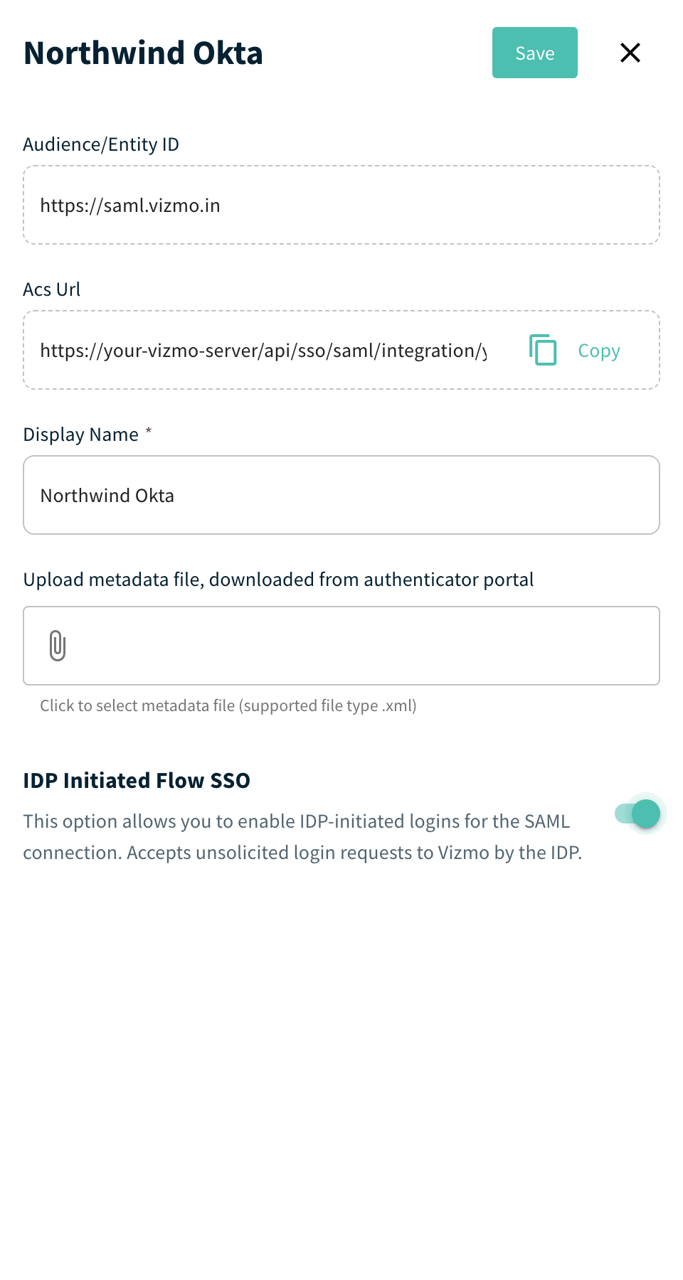 Single Sign On details panel with a metadata file selected and IDP Initiated Flow SSO turned on