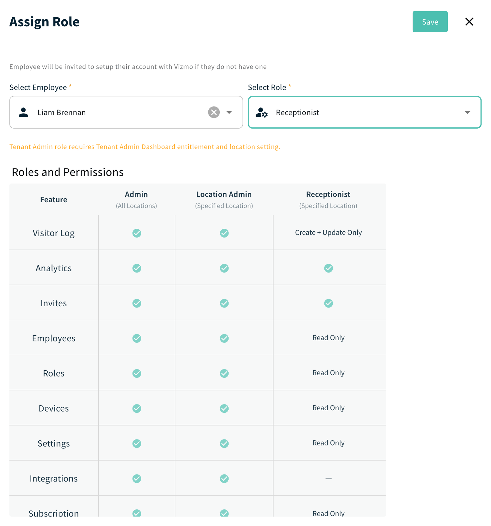 Assign Role panel with Select Employee, Select Role and the Roles and Permissions table