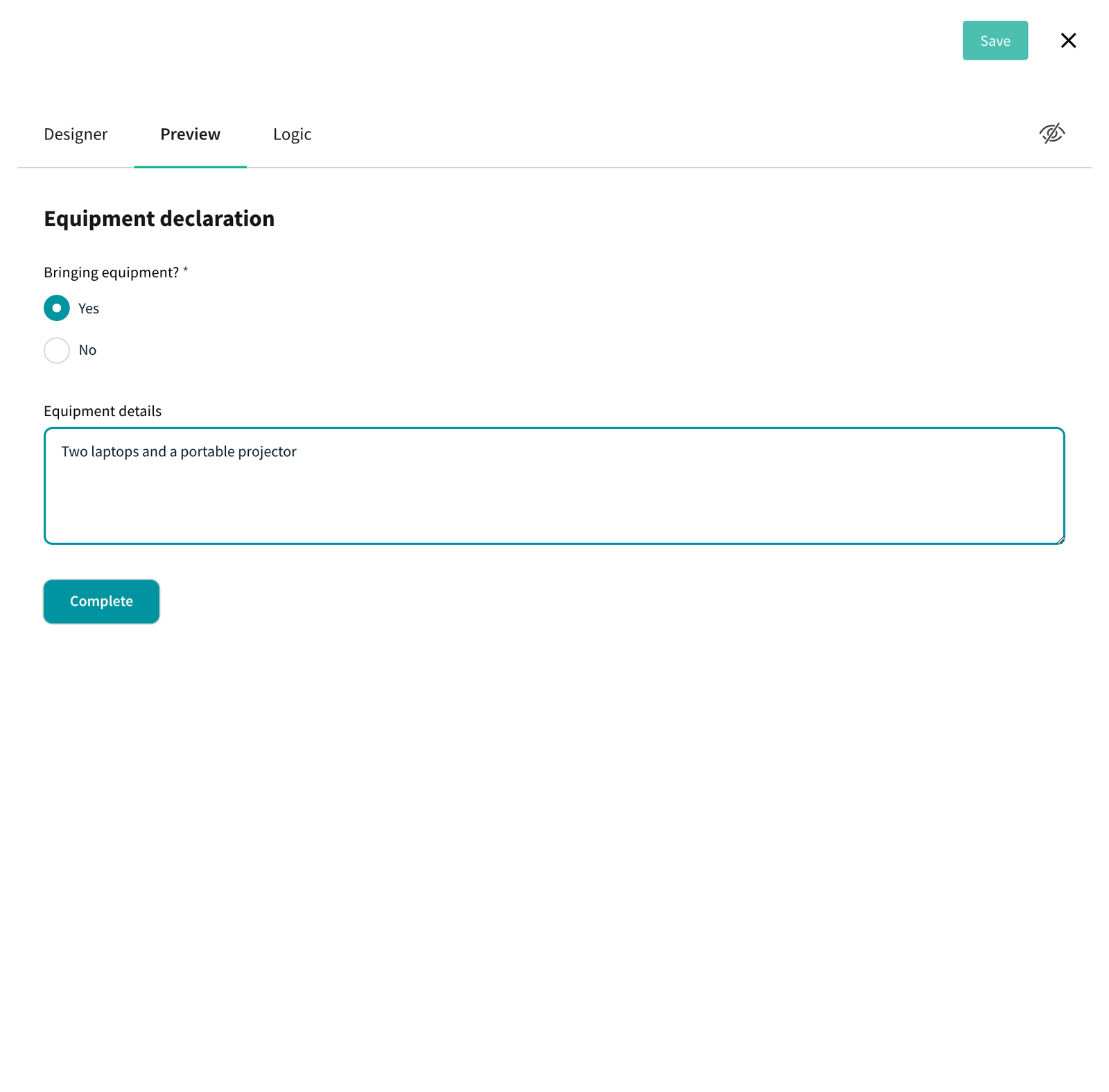 Form creator Preview tab with the Preview Again button