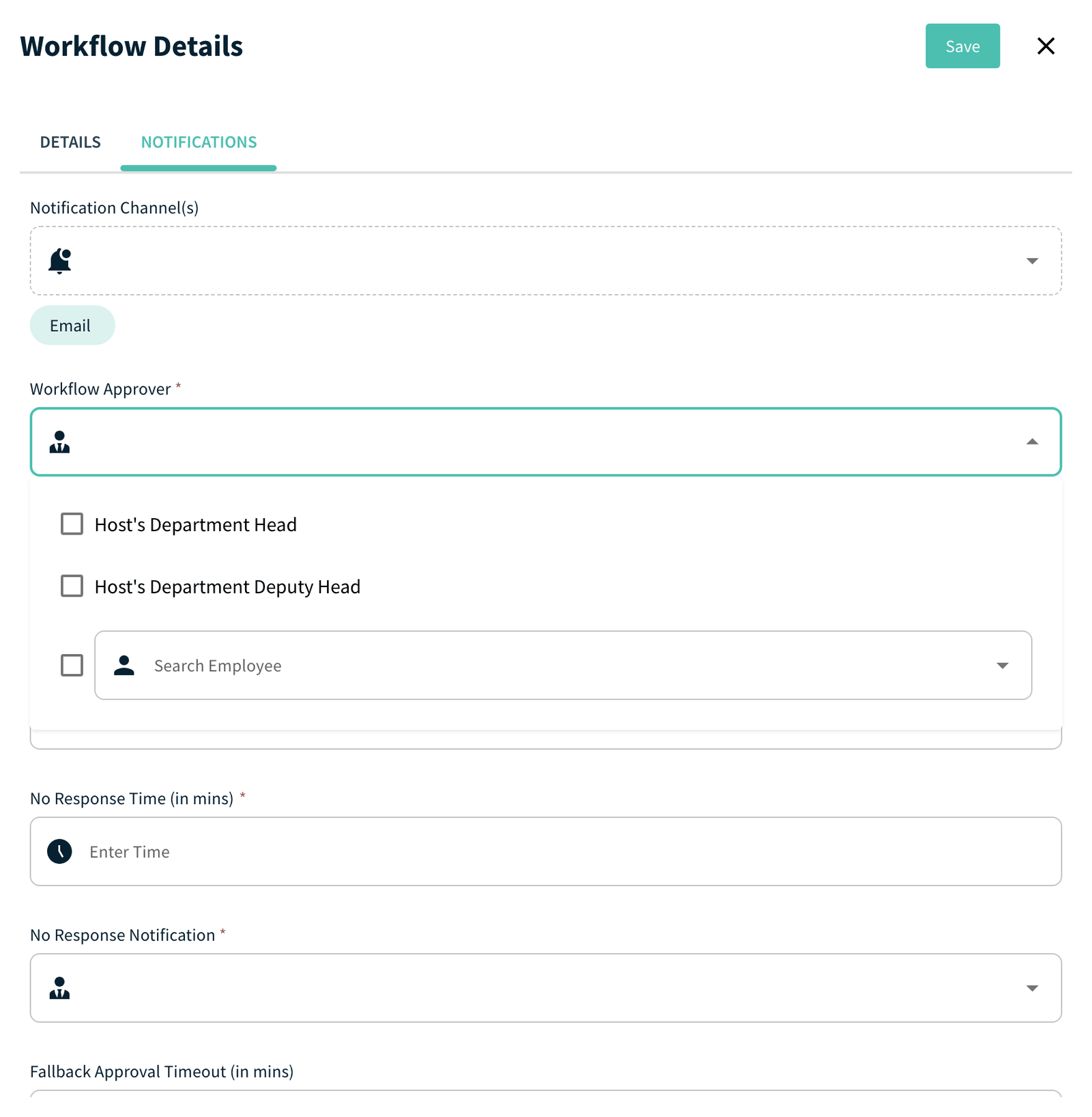 Workflow Approver menu with the department head options and Search Employee