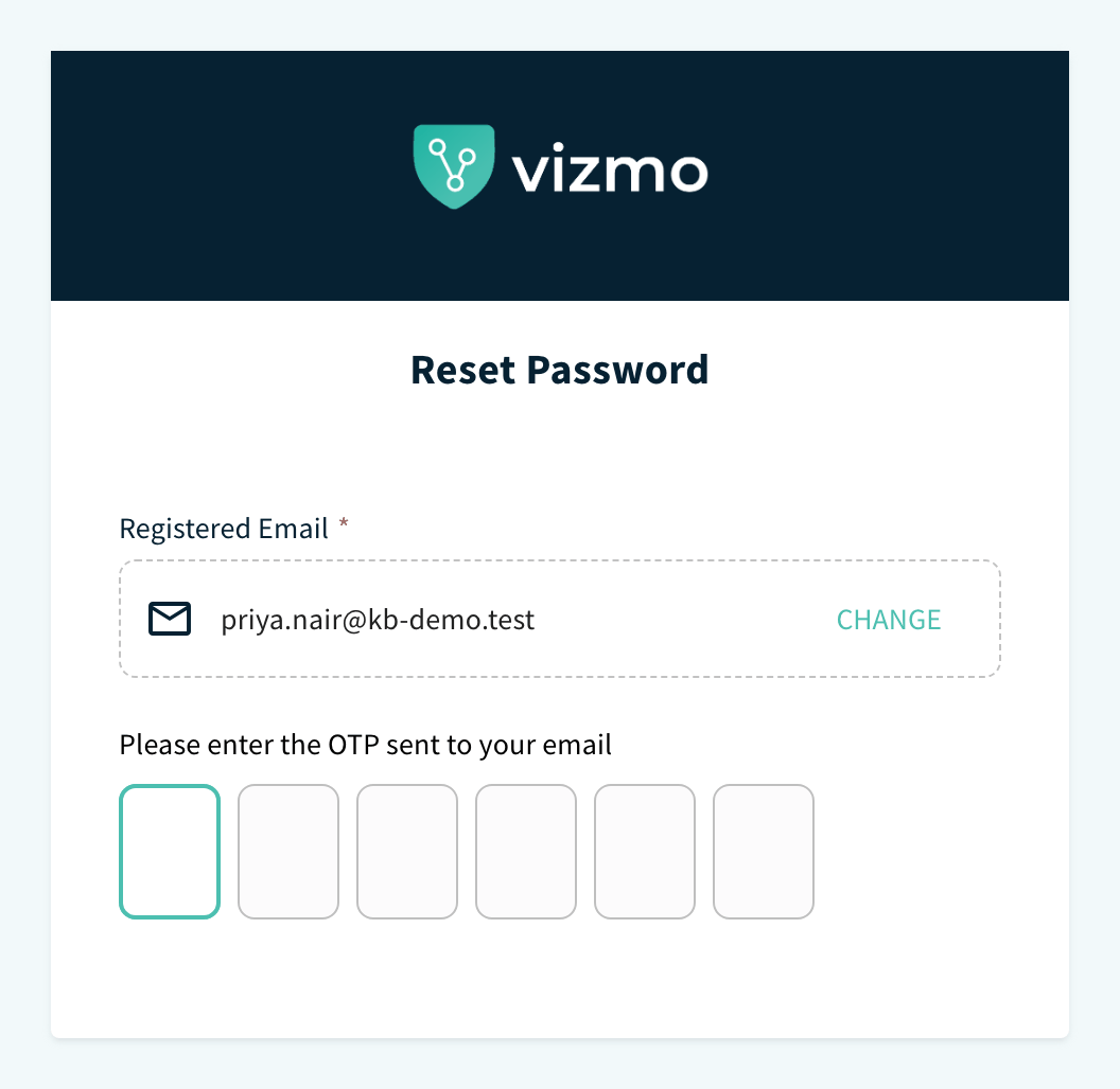 Password reset page, six OTP boxes