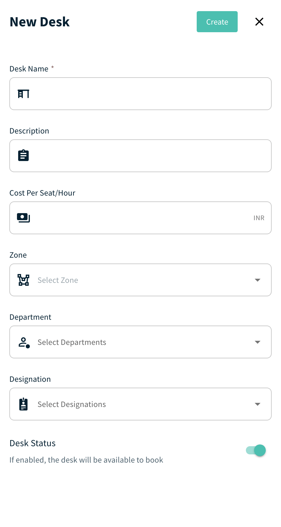 New Desk panel with Desk Name, Cost Per Seat and Hour, Zone, Department, Designation and Desk Status