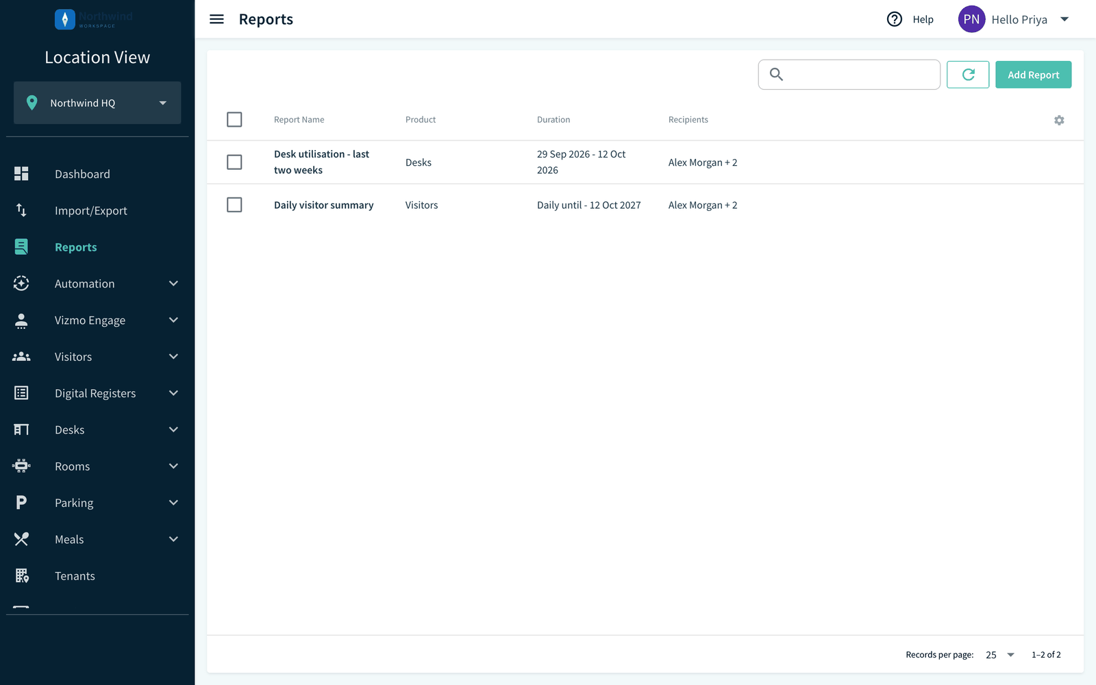 Reports page with the Add Report button and the Report Name, Product, Duration and Recipients columns