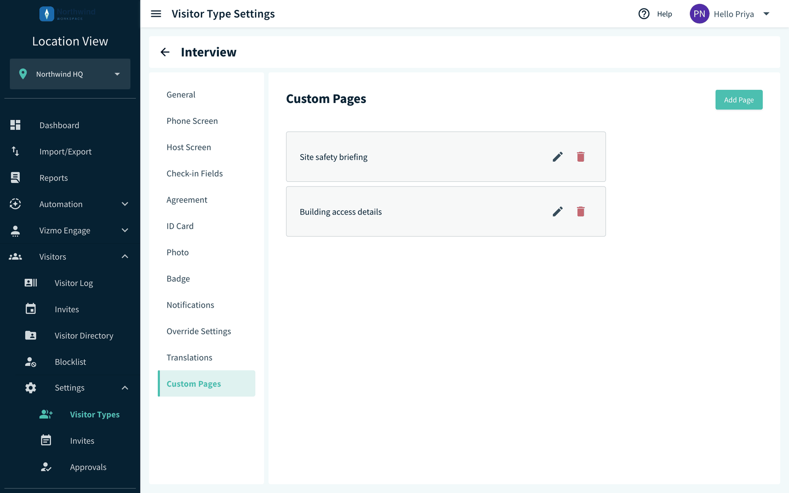 Visitor Types, Custom Pages tab with Add Page