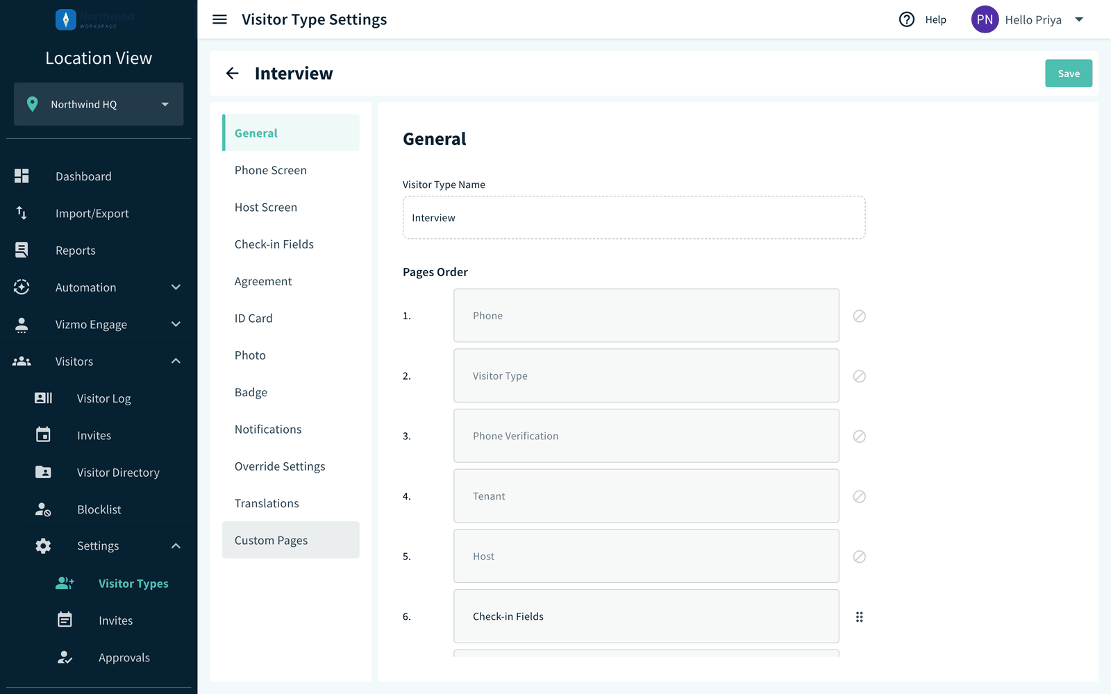 Visitor type General tab, Pages Order with drag handles