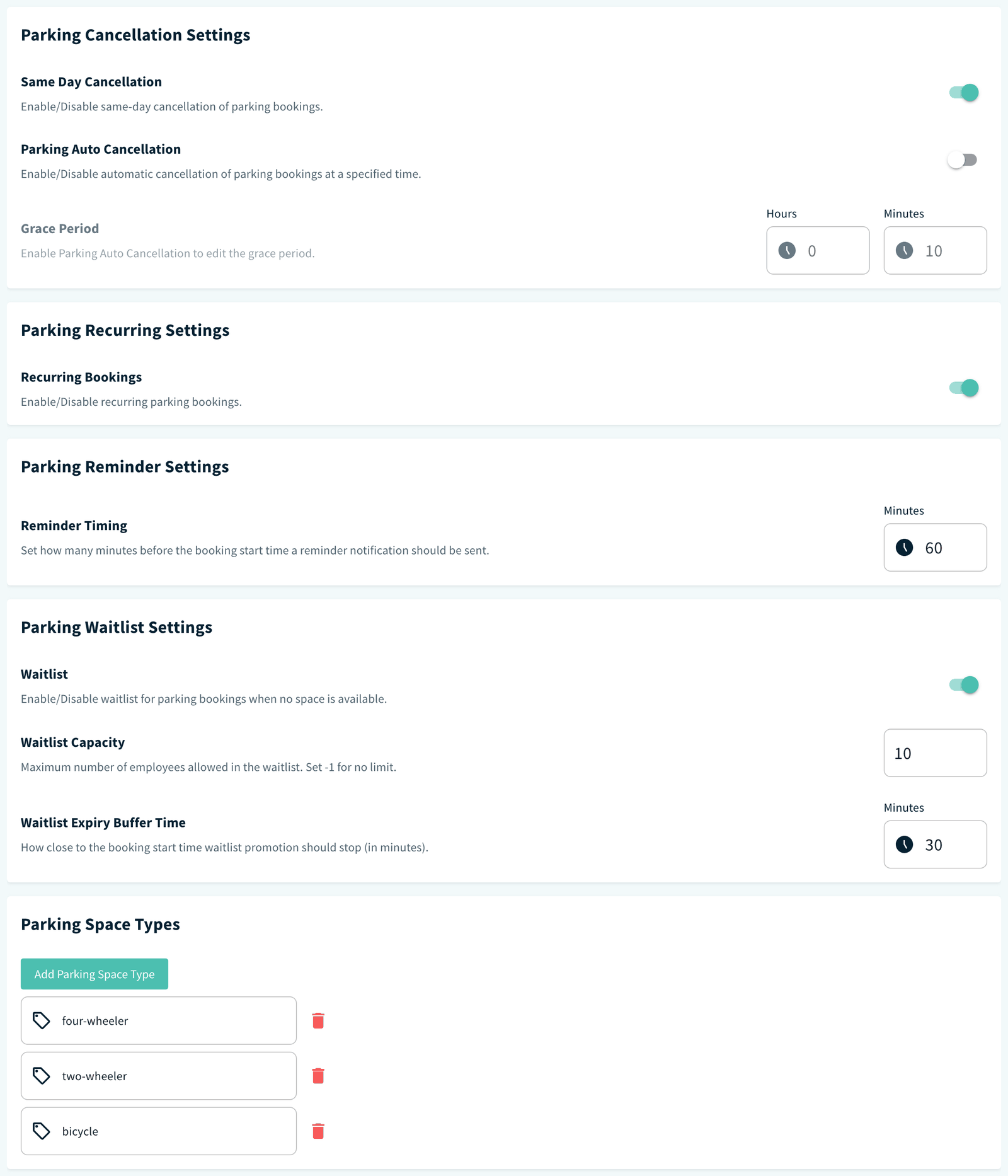 Parking Settings page with the Cancellation, Recurring, Reminder, Waitlist and Space Types cards