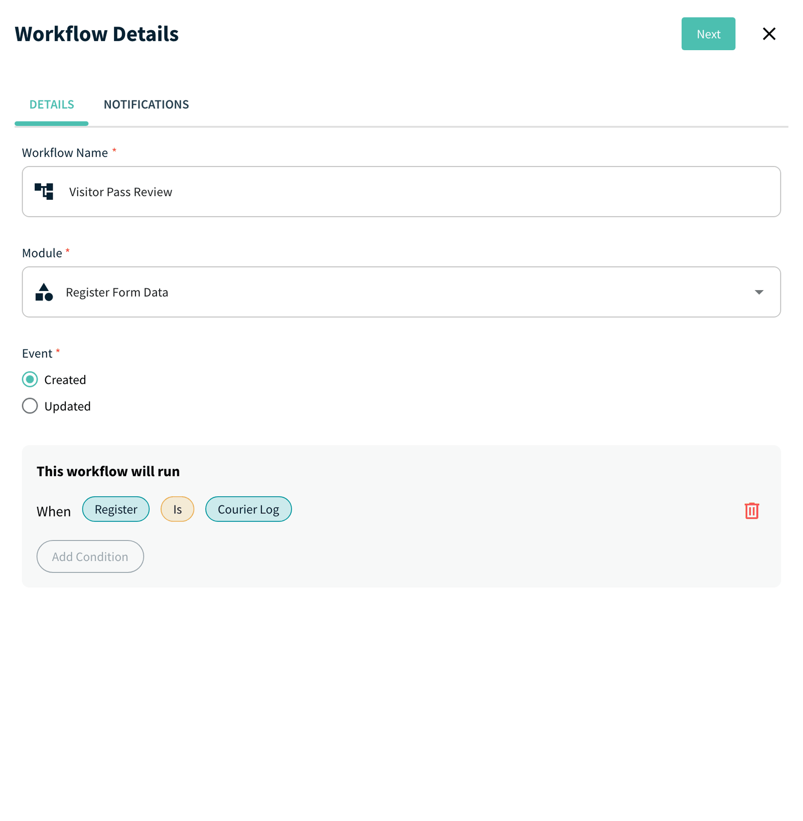 Workflow Details drawer, Details tab with name, event and conditions