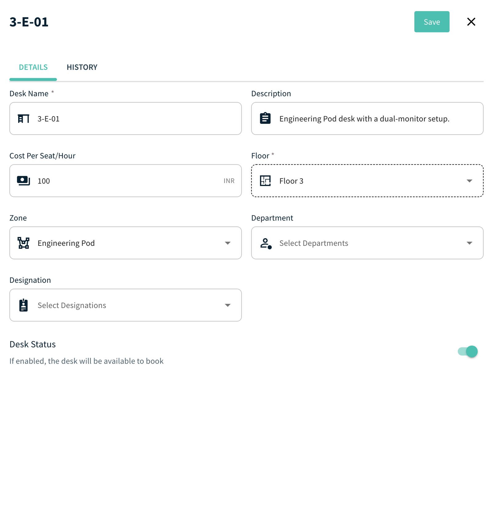 Desk panel, Details tab, with Desk Status and Save