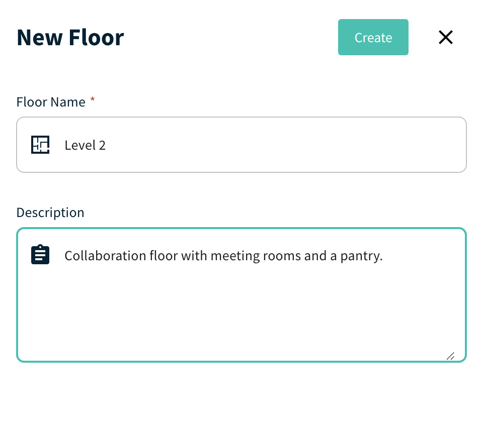 New Floor panel with Floor Name, Description and Create button