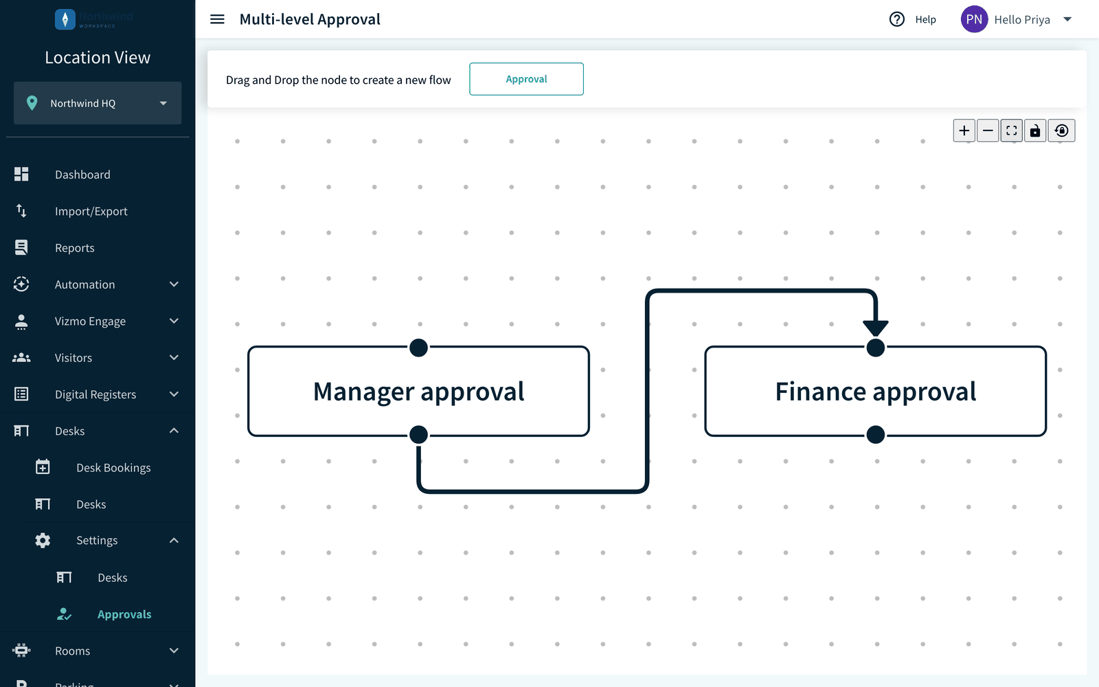 Two Approval blocks connected on the canvas