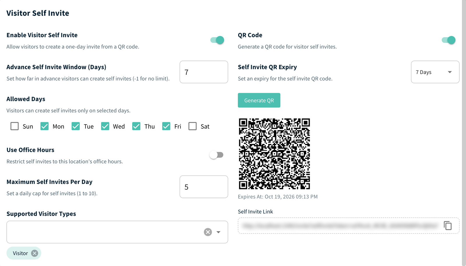 Invites settings, Visitor Self Invite section with the options filled in