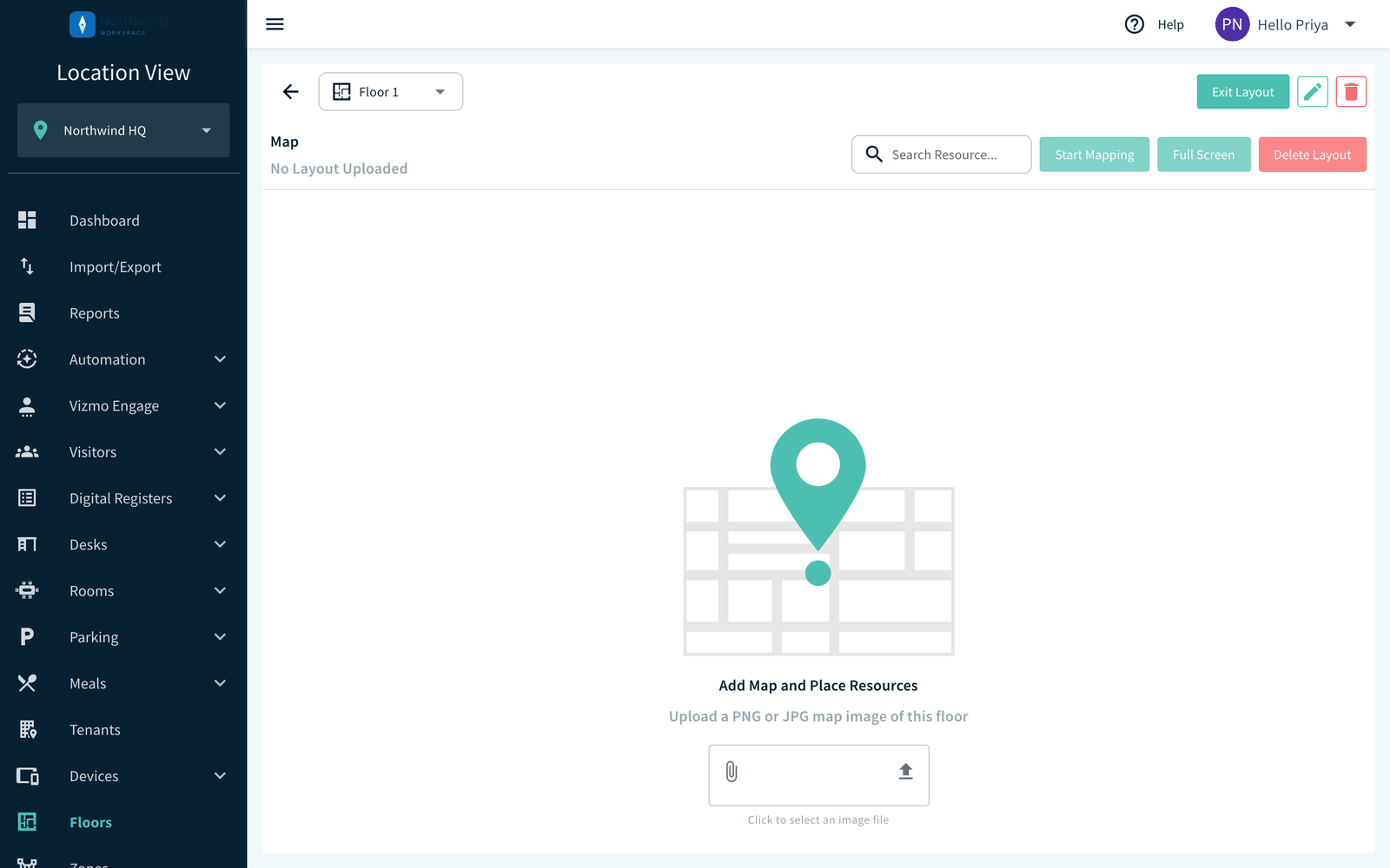 Layout page showing No Layout Uploaded and the map image file box