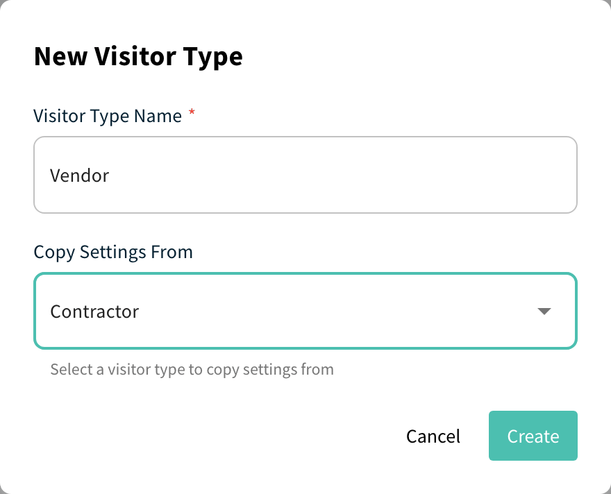 New Visitor Type dialog with Visitor Type Name and Copy Settings From