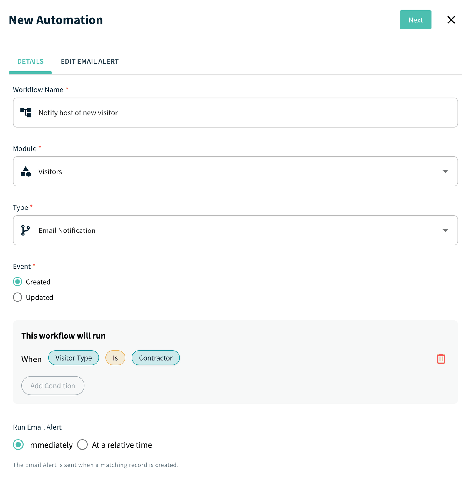 New Automation Details tab