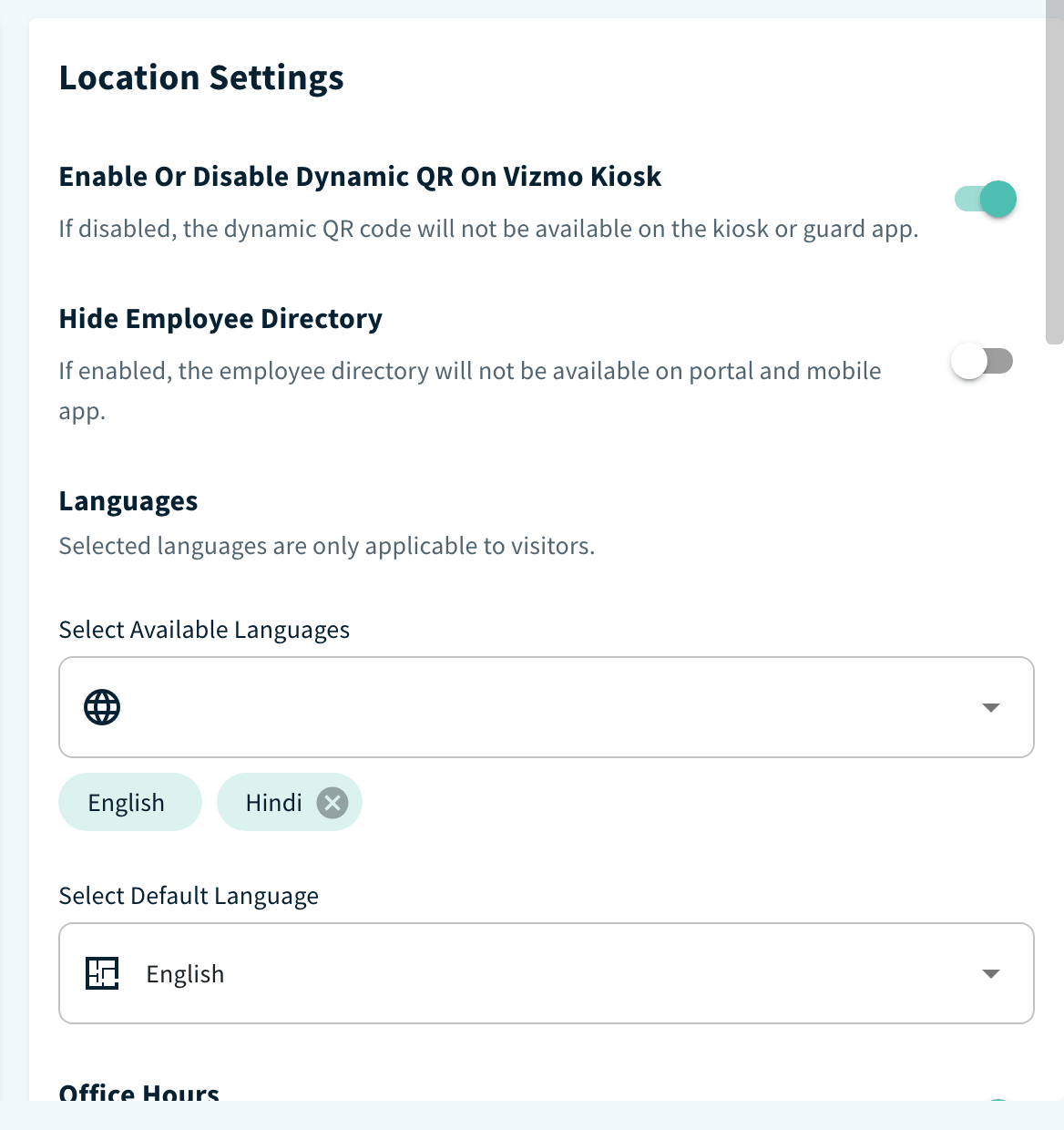 Languages section with Select Available Languages and Select Default Language