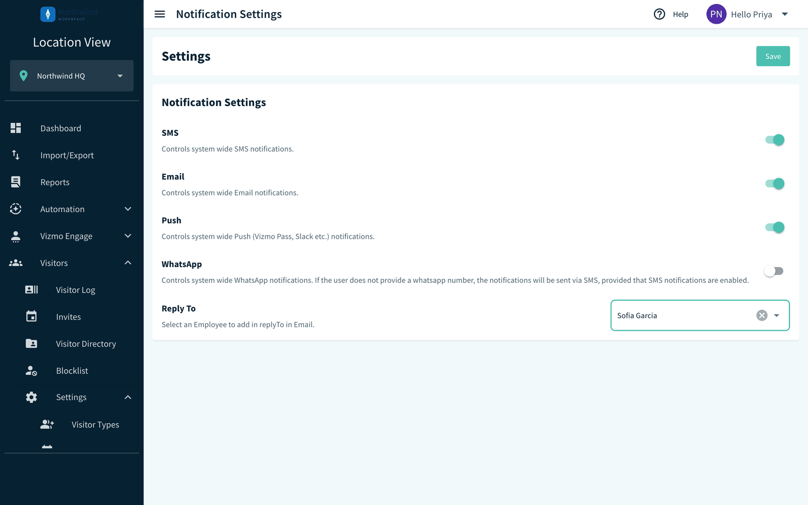 Location Settings, Notifications page with the Reply To employee selector