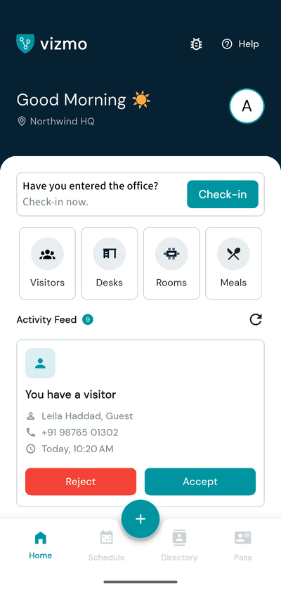 Vizmo Pass home screen with the visitor card and the Reject and Accept buttons