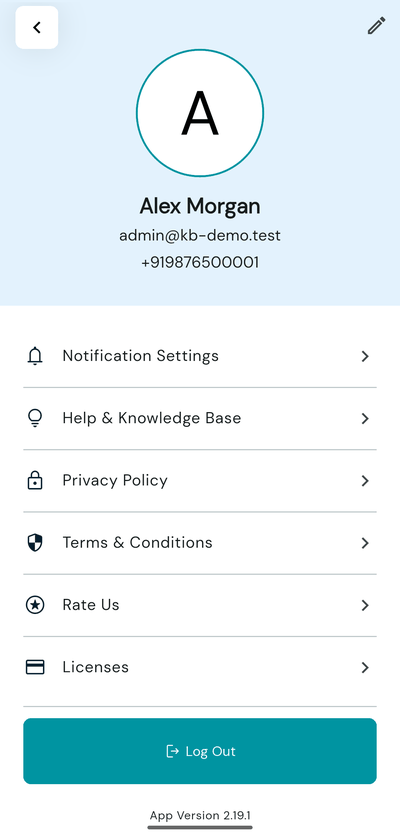 Vizmo Pass settings screen listing notifications, help, policies and log out