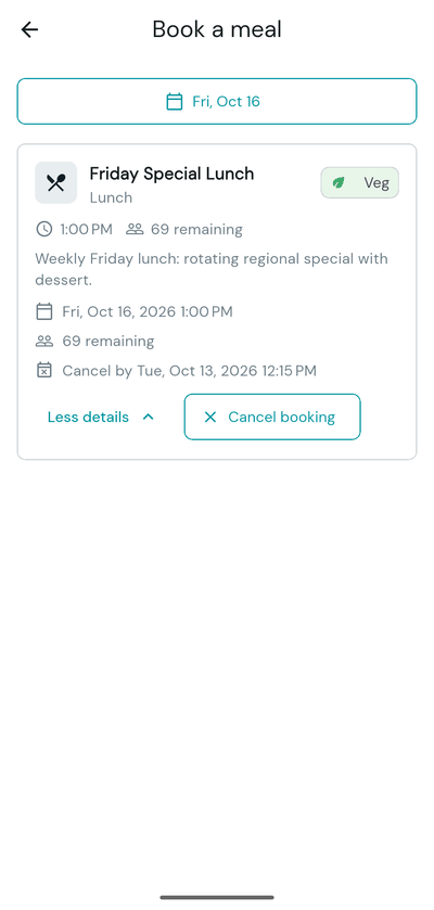 Booked meal card showing the Cancel by time and the Cancel booking button