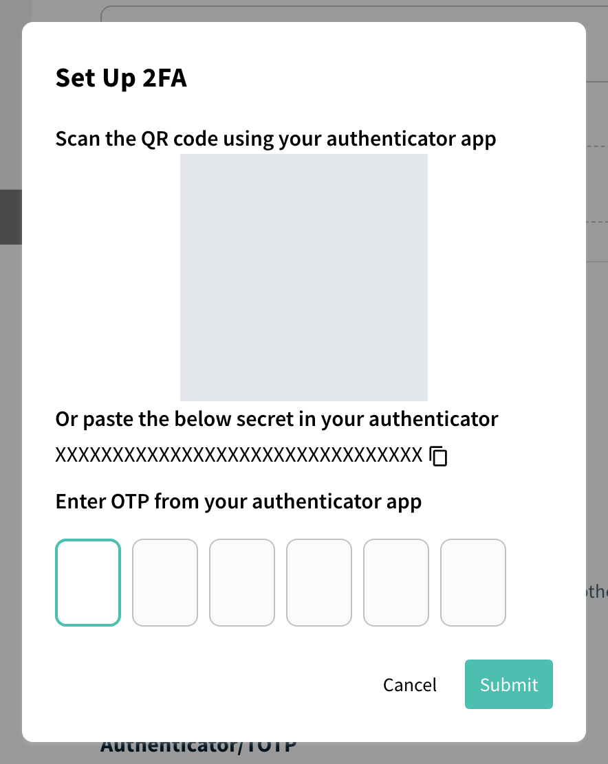 Set Up 2FA window with QR code, secret and code field