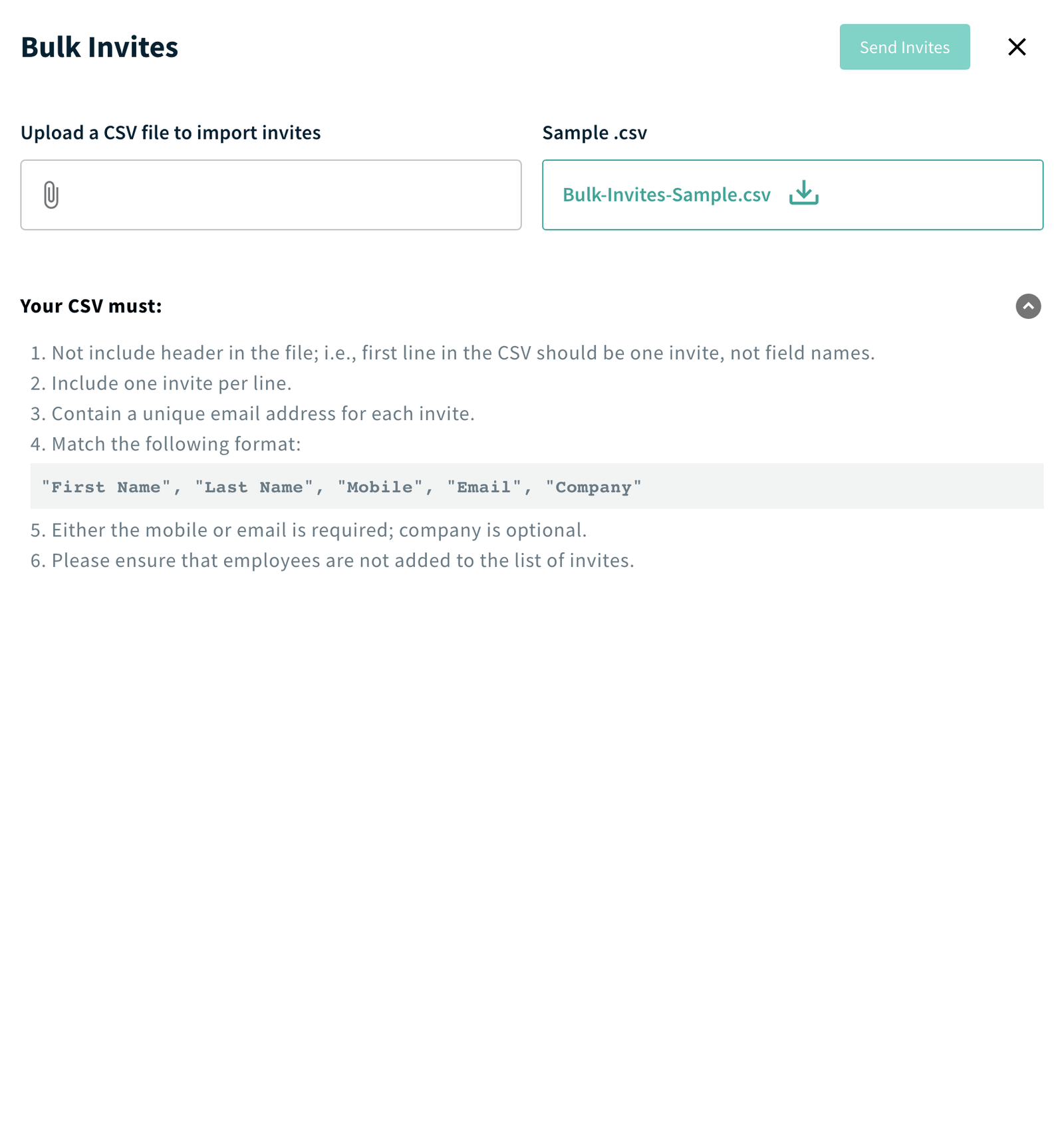 Bulk Invites drawer with the CSV rules and upload area