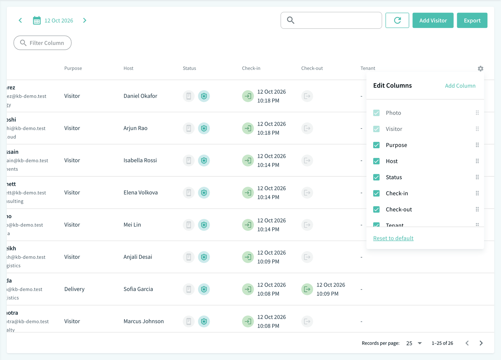 Visitor Log Edit Columns menu with Add Column
