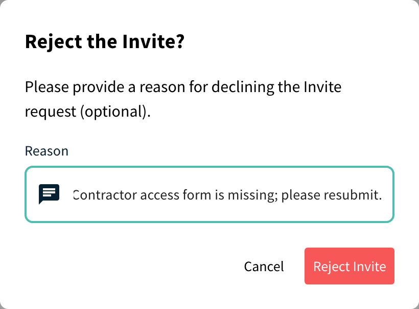 Reject dialog with the Reason field and Reject Invite button