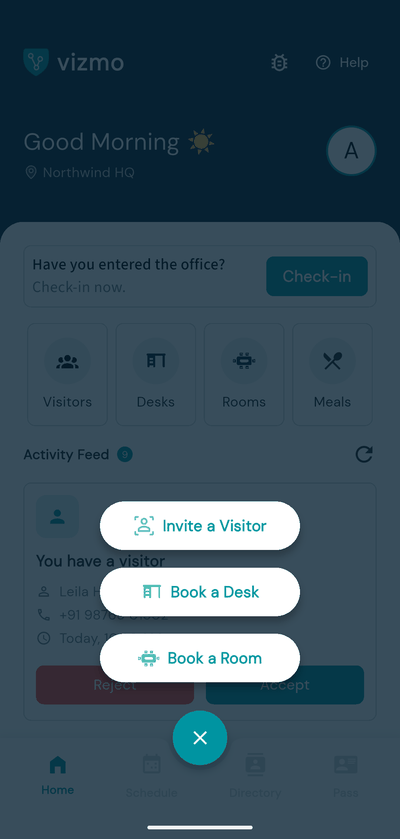 Vizmo Pass Home with the plus menu open and Invite a Visitor visible