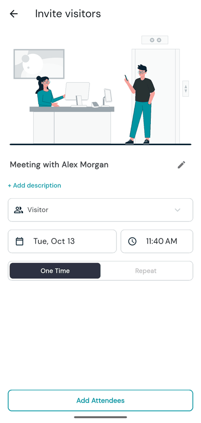 Invite visitors screen with Title, Visitor Type, Select Date-Time, One Time Repeat and Add Attendees