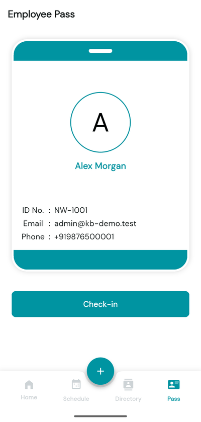 Vizmo Pass Employee Pass screen with the Check-in button