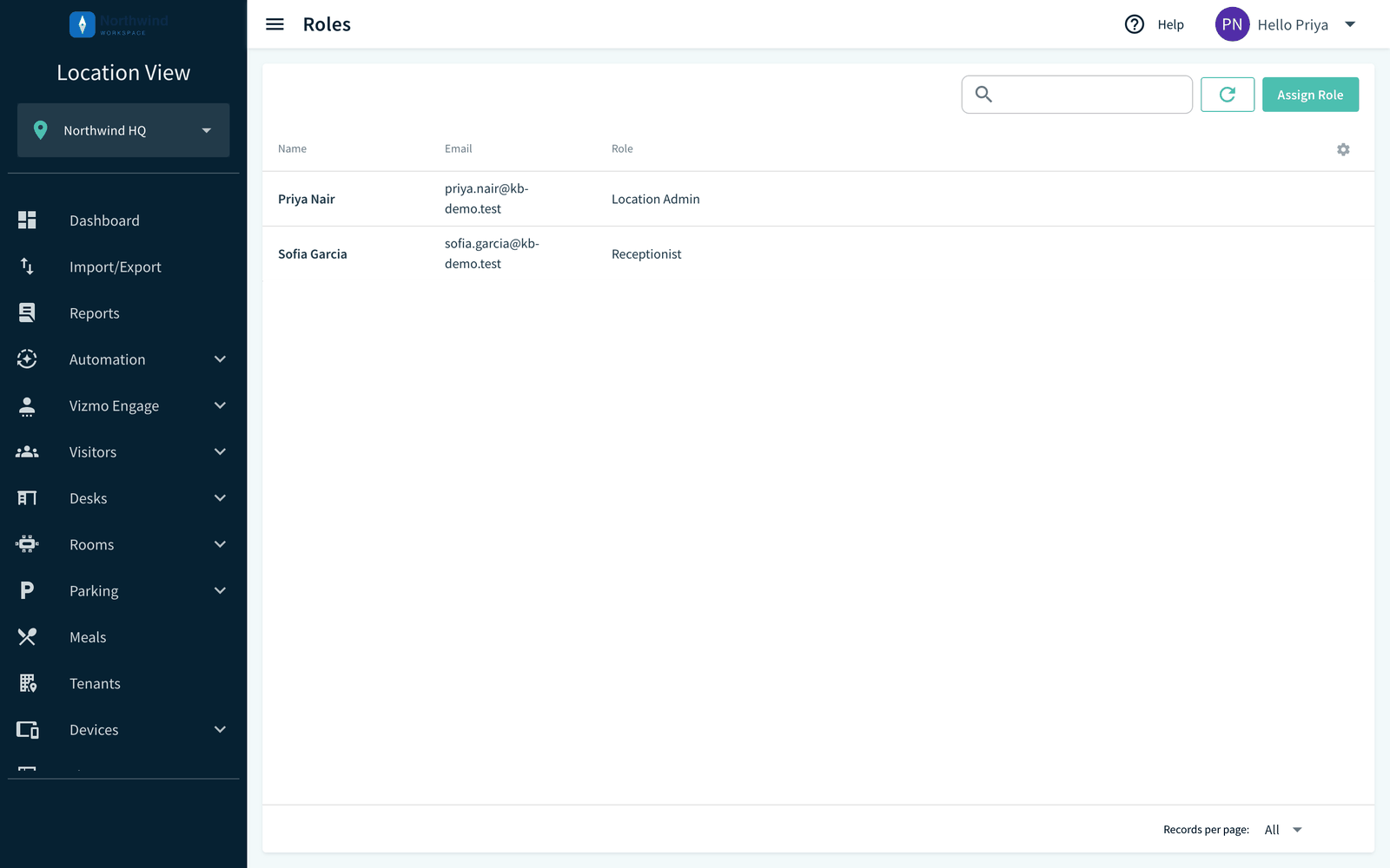 Roles page listing Name, Email and Role with the Assign Role button and edit and delete icons