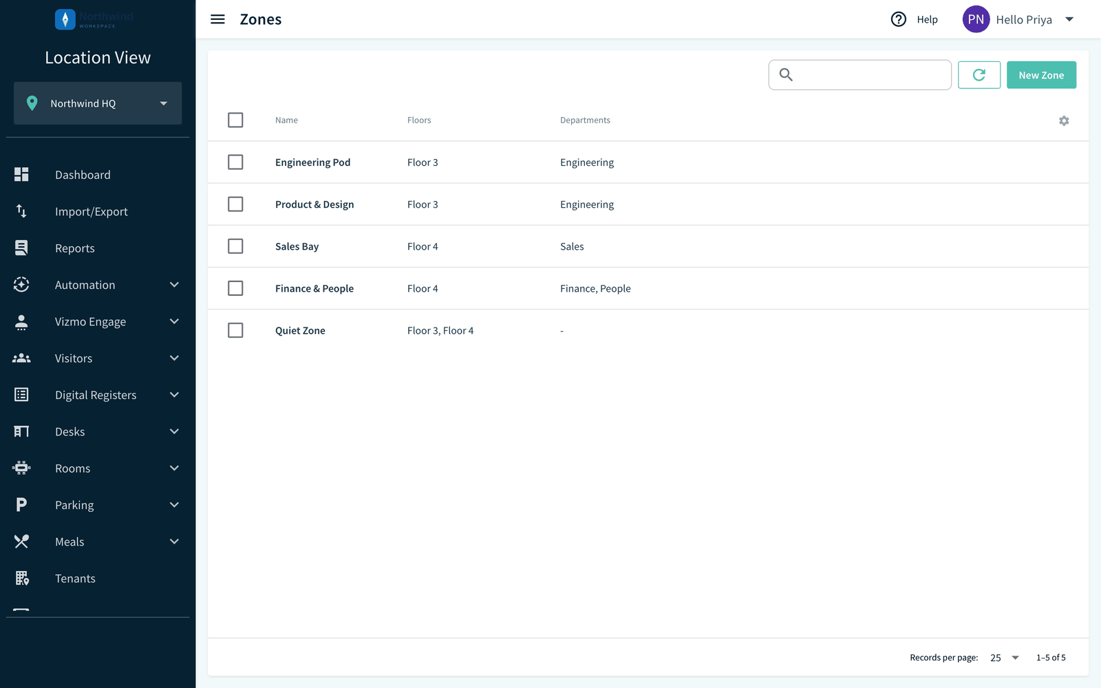 Zones list with the New Zone button