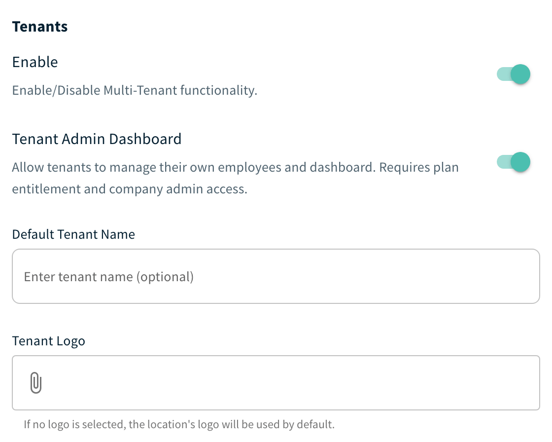 Tenants card with Enable, Tenant Admin Dashboard, Default Tenant Name and Tenant Logo