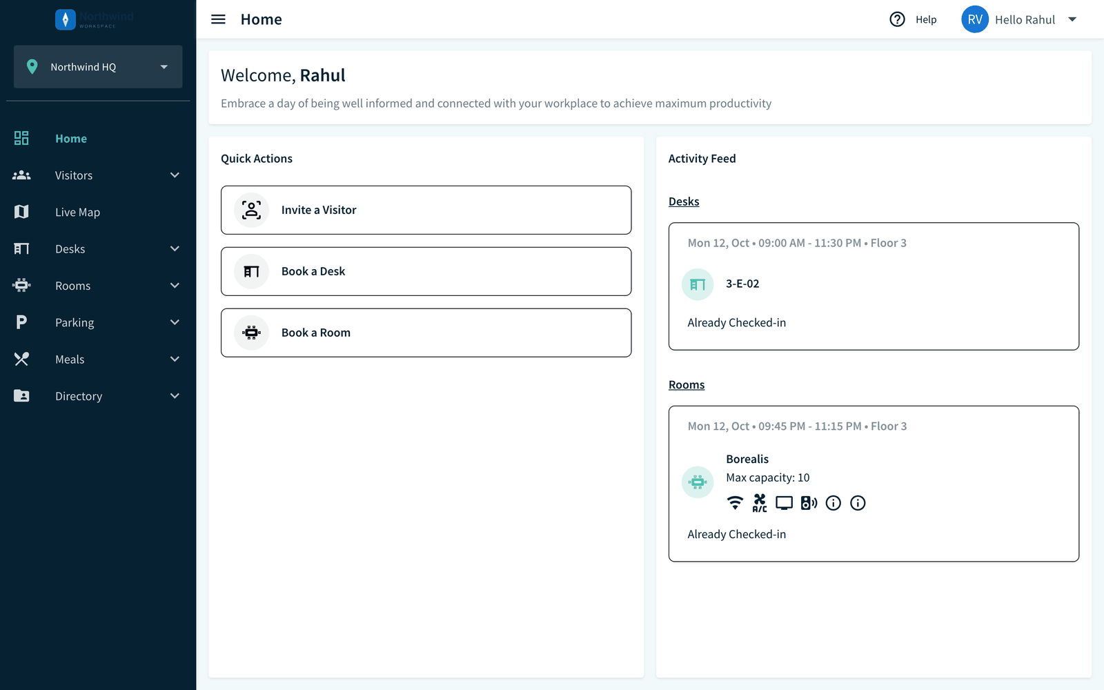 Employee portal Home with the Activity Feed Visitors card and View Visitor Details