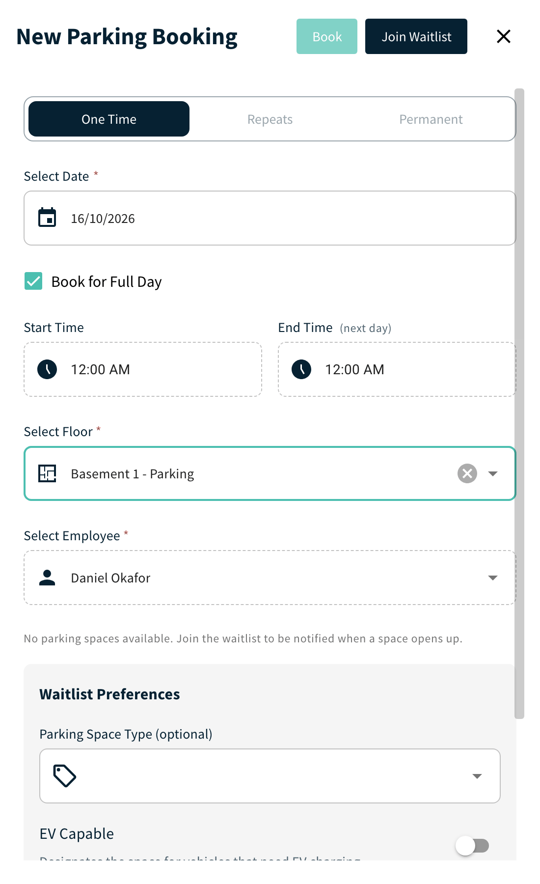 New Parking Booking panel with Join Waitlist and Waitlist Preferences