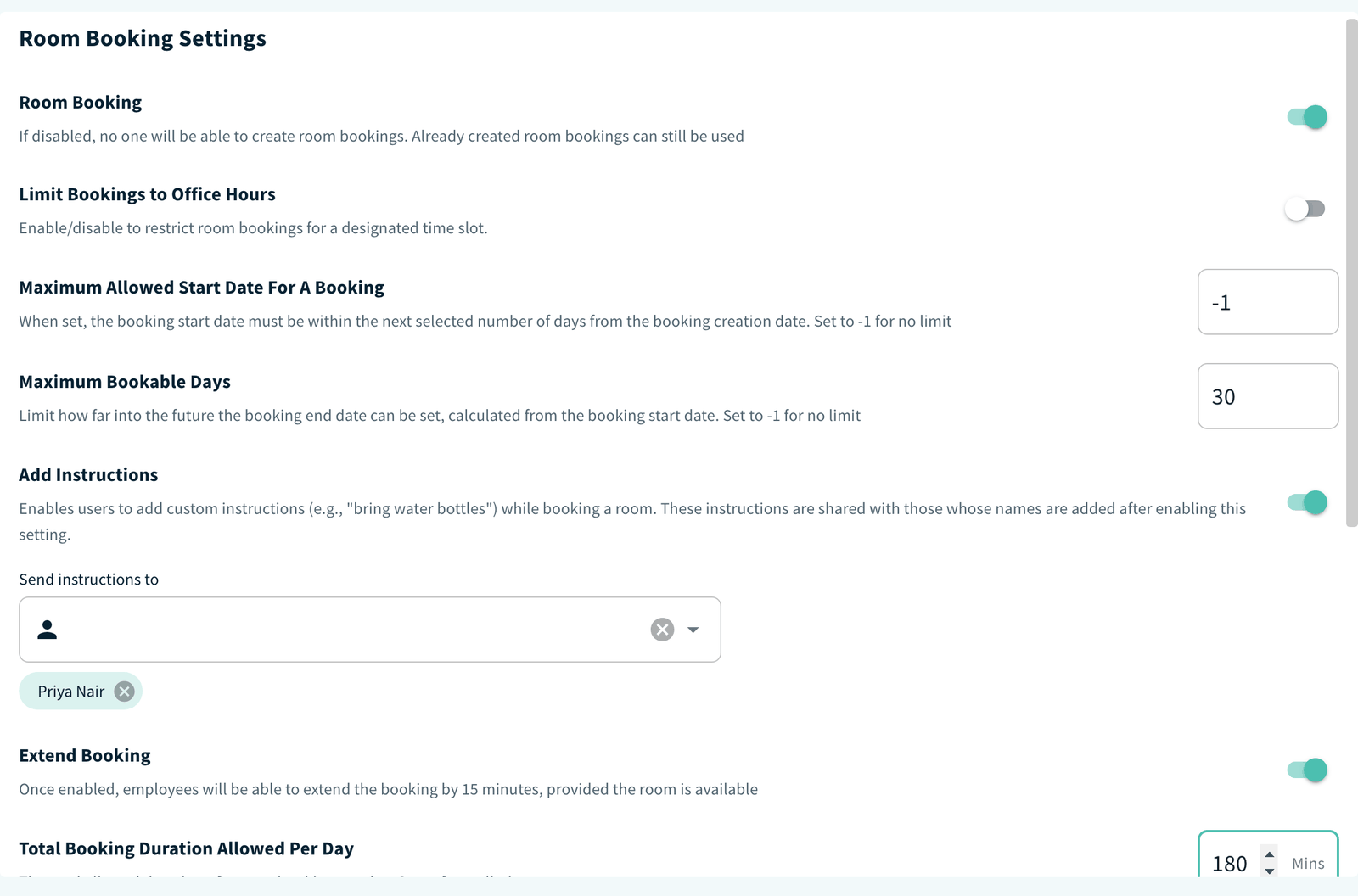 Room Settings page, Room Booking Settings card