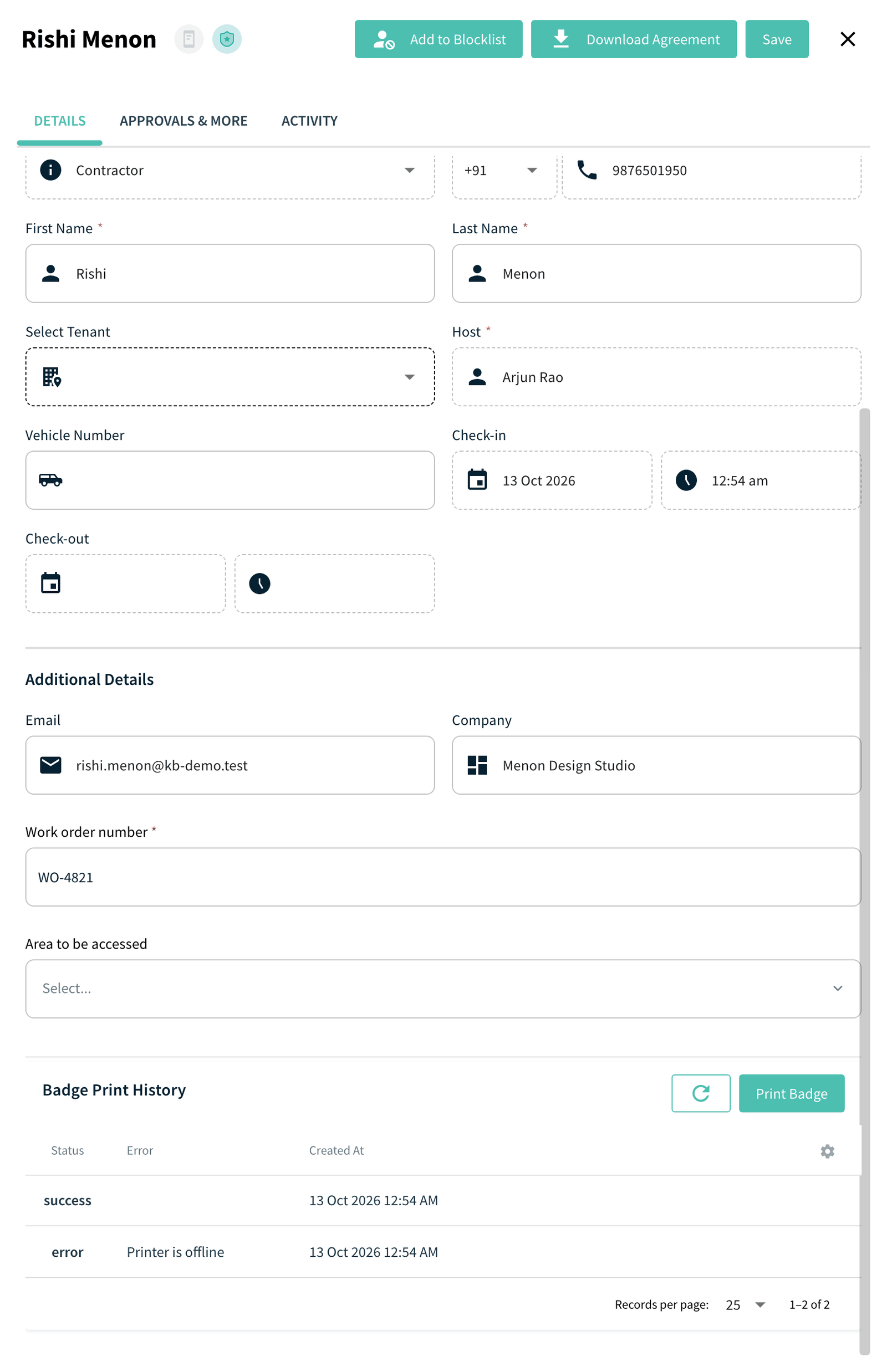 Visit details, Badge Print History table
