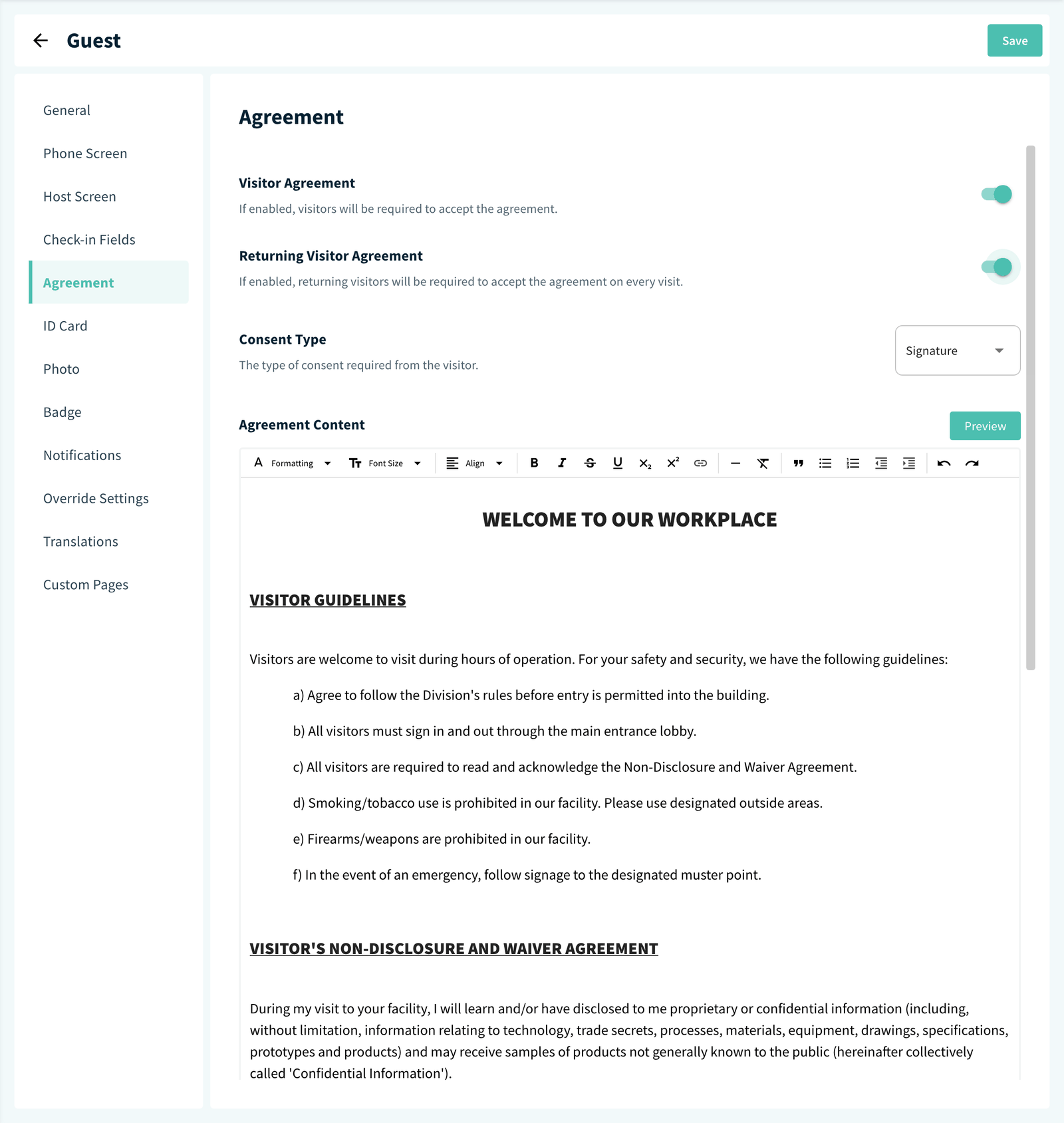 Visitor type Agreement tab with the consent type and agreement content