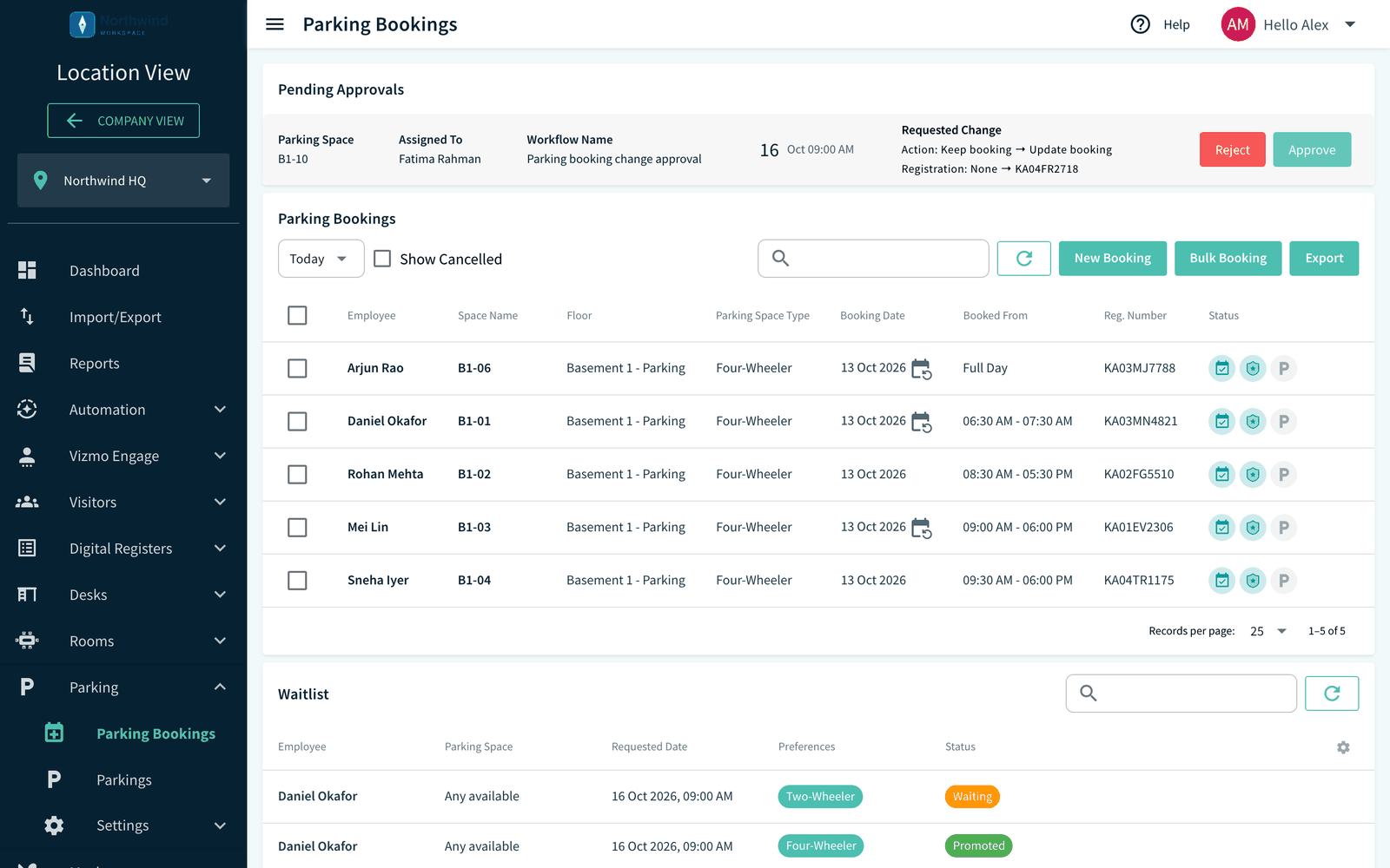 Pending Approvals panel with Approve and Reject buttons and a Requested Change block