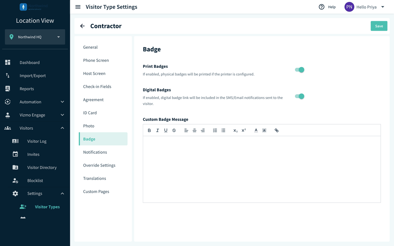 Visitor Types, Badge tab with the Print Badges toggle on