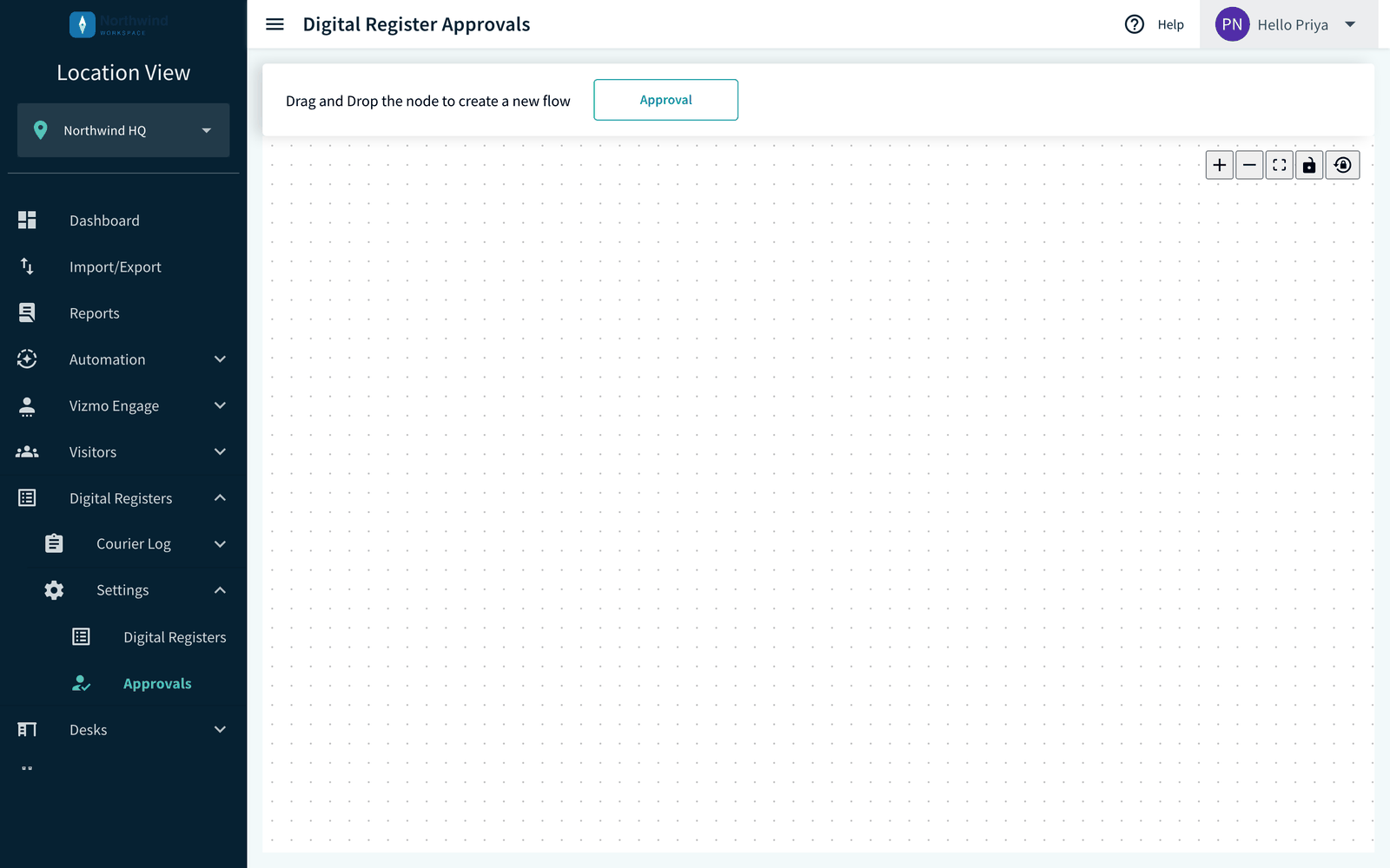 Register Approvals canvas with the Approval node in the top bar