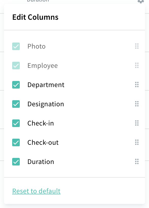 Employee Logs Edit Columns menu with Reset to default