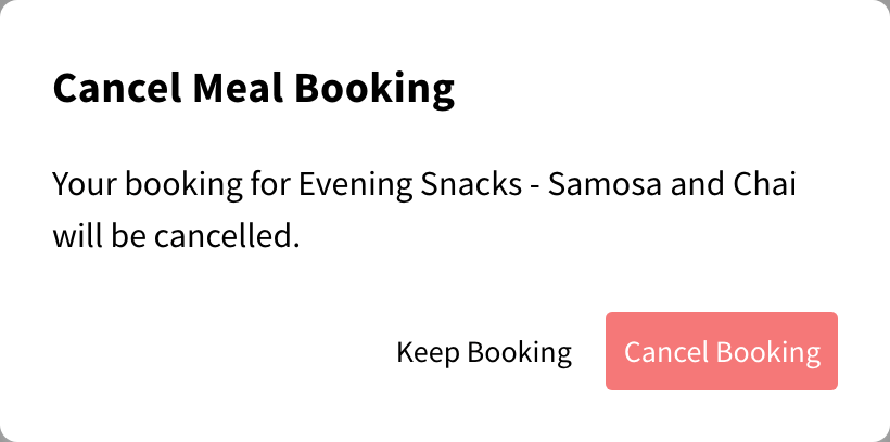 Cancel Meal Booking dialog with Cancel Booking and Keep Booking