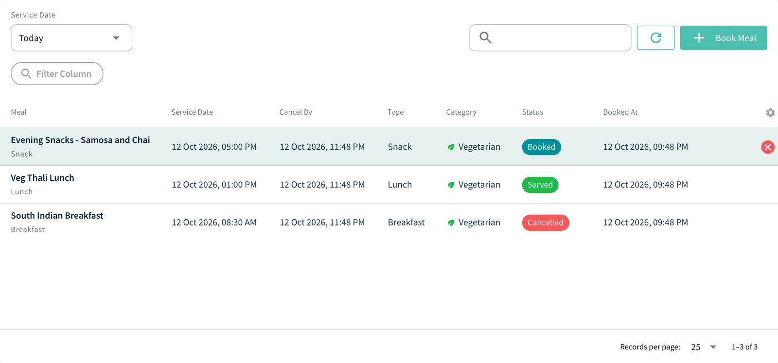 Meal Bookings table with a Booked row and the Cancel Booking icon