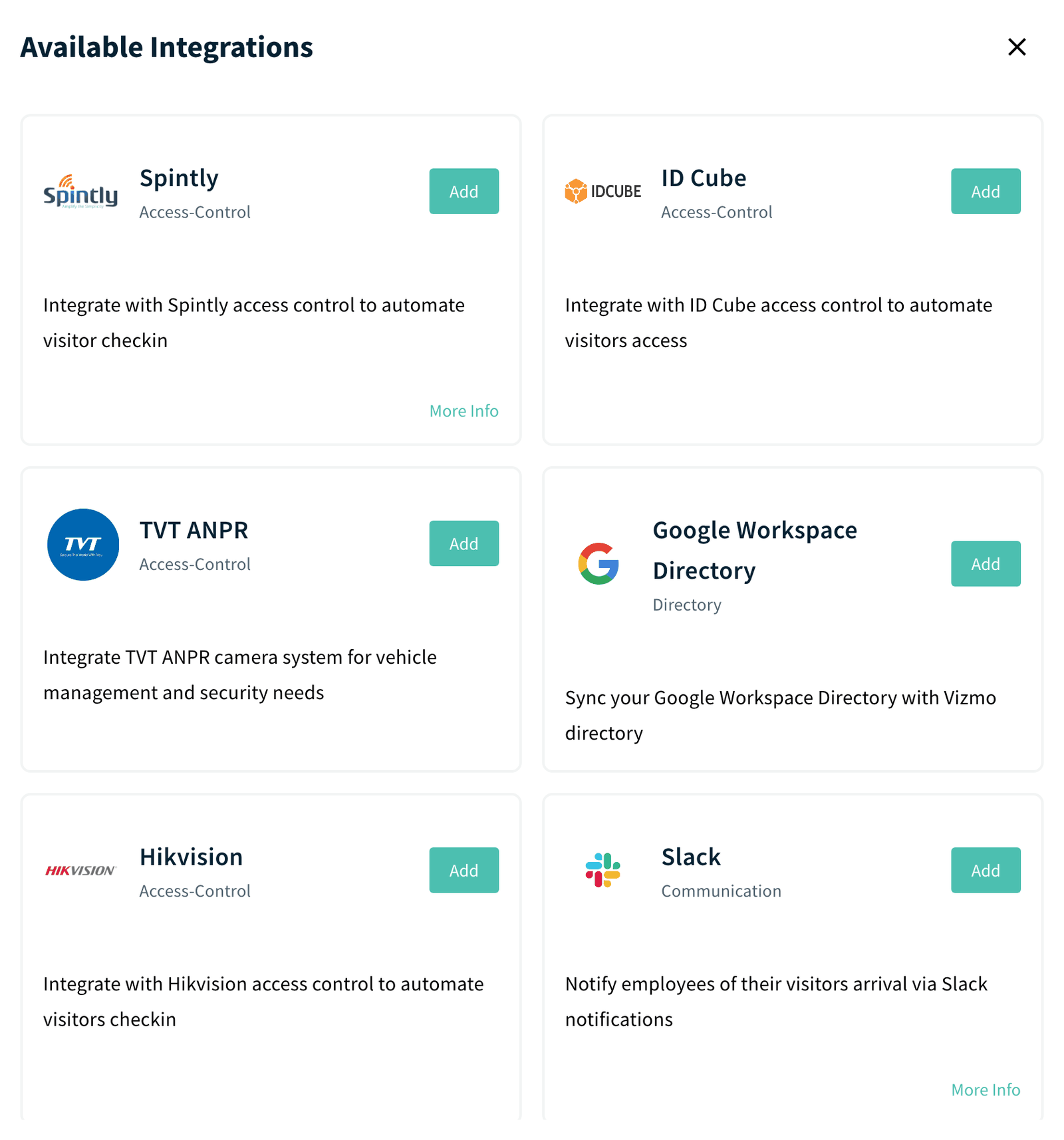 Integrations page, Available Integrations panel