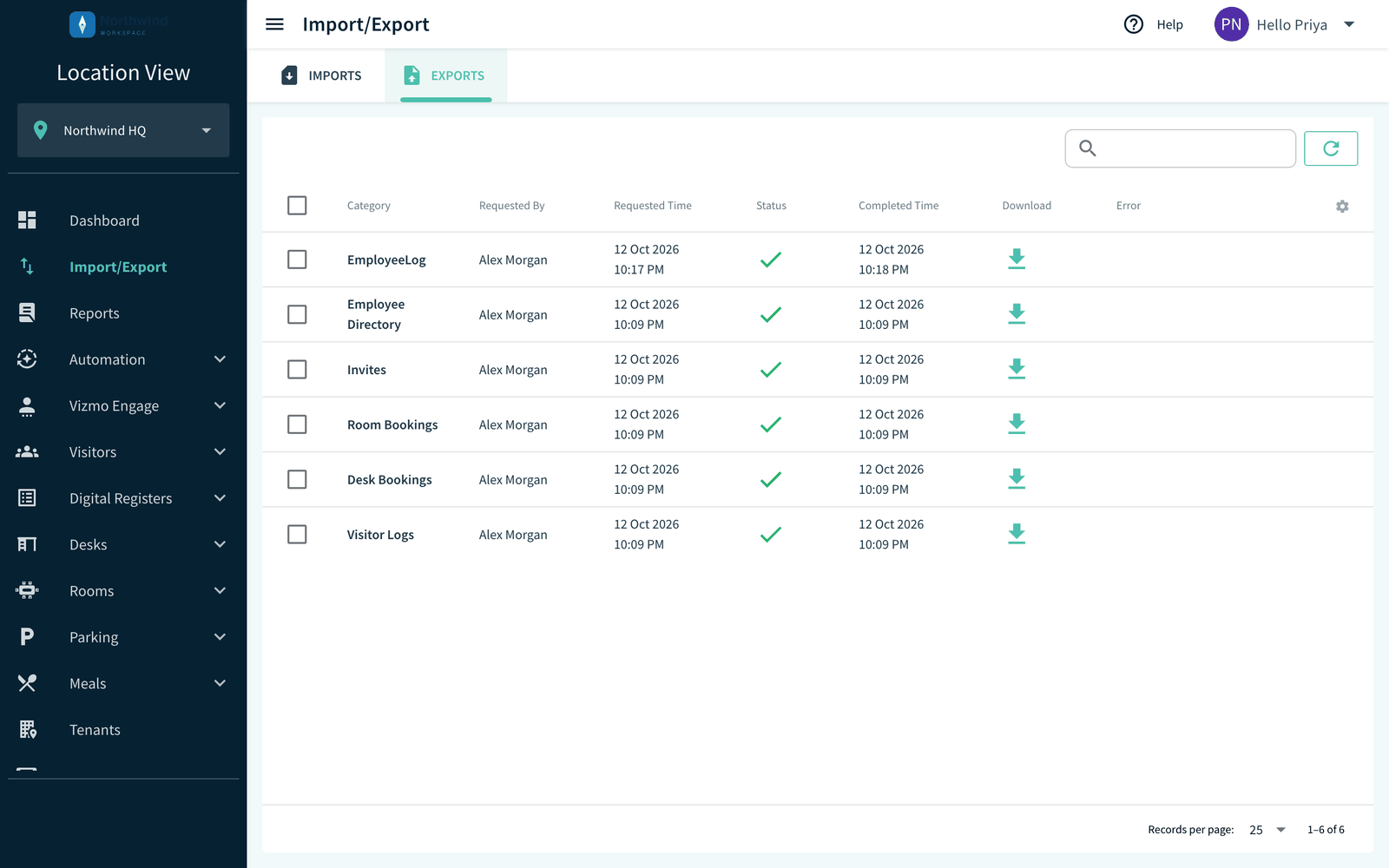 Import and Export page, Exports tab with a completed Visitor Log export